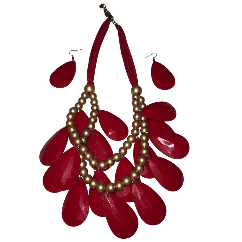 Necklace Matching Earrings Vintage 80’s Red  Drop Necklace 14”in.Earrings 2”in.
